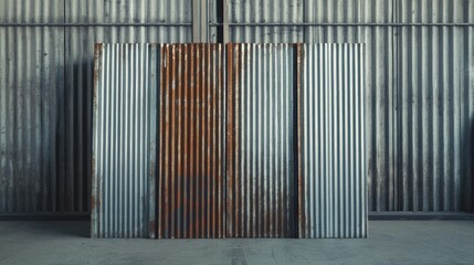 Industrial Sheeting with Rust Patterns and Metallic Texture in a Warehouse Setting Capturing Urban Aesthetic and Raw Material Design Elements