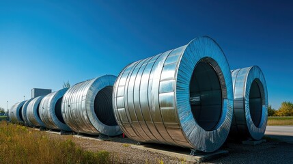 Large Metal Coils Stacked on a Sunny Day Against a Clear Blue Sky in an Industrial Setting Surrounded by Green Grass and Vegetation