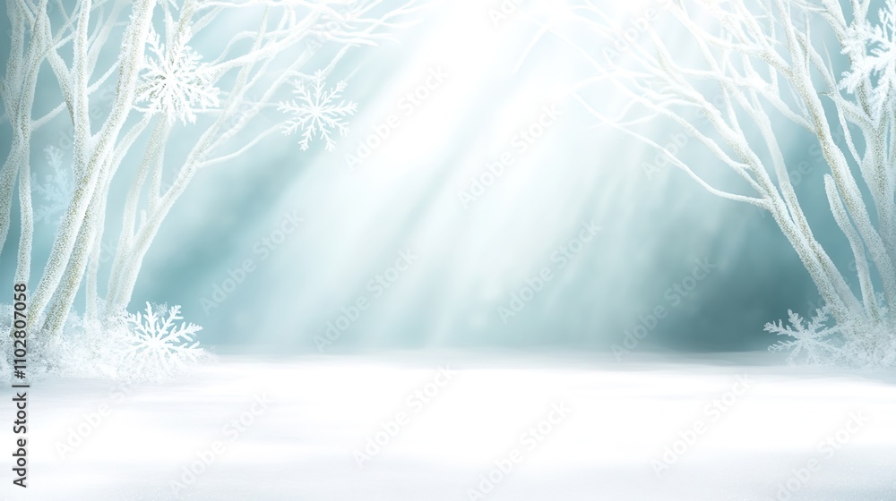 Poster ethereal winter wonderland with soft rays of light filtering through snow-covered trees creating a m