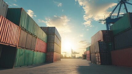 Industrial Shipping Dock at Sunset with Stacked Cargo Containers and Cranes Under a Bright Sky Reflecting on a Tranquil Water Surface in a Busy Port Area