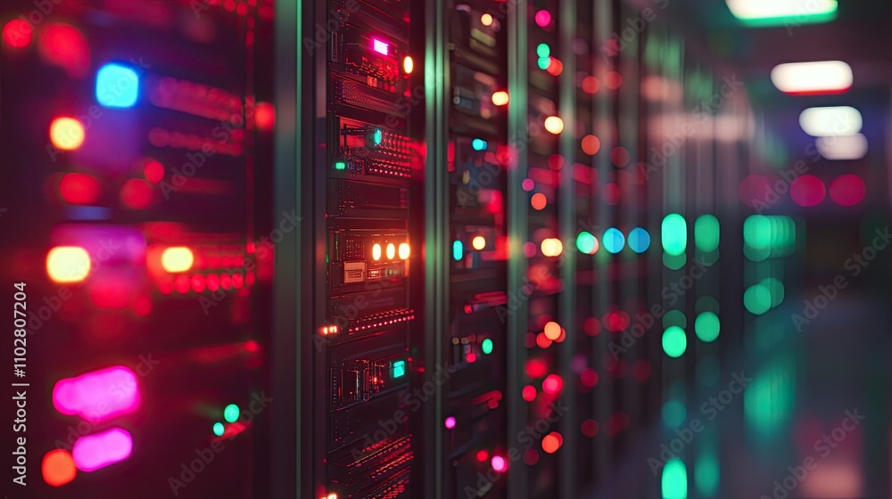 Poster illuminated server racks in a data center with colorful led lights displaying network activity and t