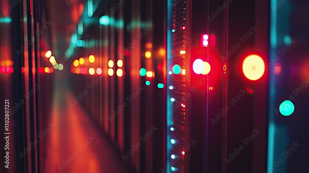 Poster vibrant illumination in a modern data center corridor showcasing colorful led lights and high-tech e