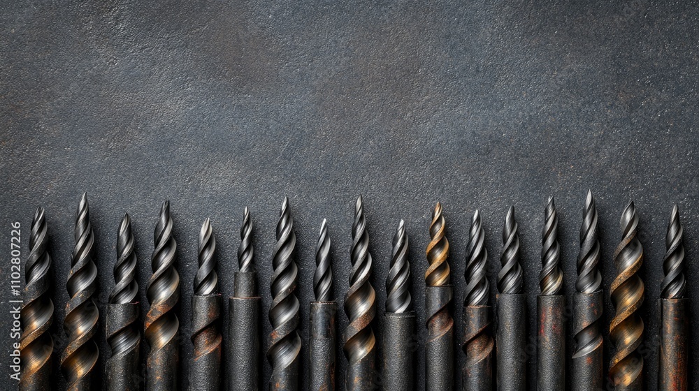 Poster a neatly arranged collection of various metal drill bits on a dark background highlighting their uni