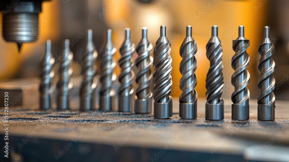 Poster precision engineering tools in workshop environment: various types of metal drill bits displayed in 