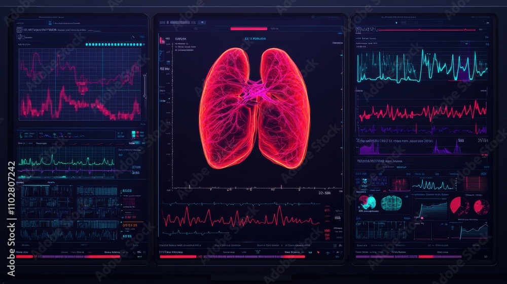 Poster a detailed digital display of human lungs with vibrant colors, showcasing health metrics and data vi