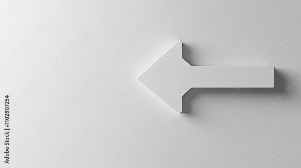 Poster minimalist white arrow design indicating left direction with soft shadow on light gray background fo