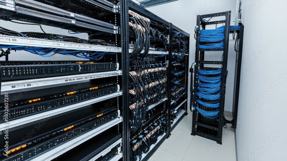 Poster modern server room with network equipment, wiring and rack systems in a secure environment featuring