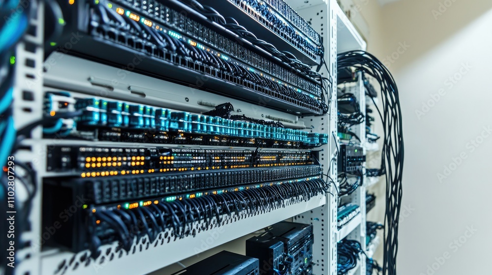Aufkleber detailed close-up of modern server rack equipment highlighting connectivity and data transmission wi