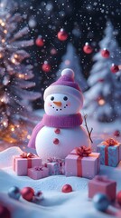 Obraz premium Festive Christmas themed illustration. In the center of the composition is a cute snowman, next to him are boxes with gifts of different sizes. Winter landscape