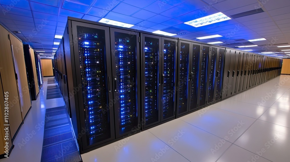 Aufkleber modern data center interior with rows of servers and blue lighting, showcasing advanced technology a
