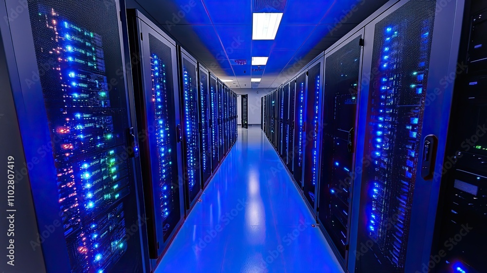 Aufkleber a futuristic data center hallway with illuminated server racks, displaying advanced technology and h