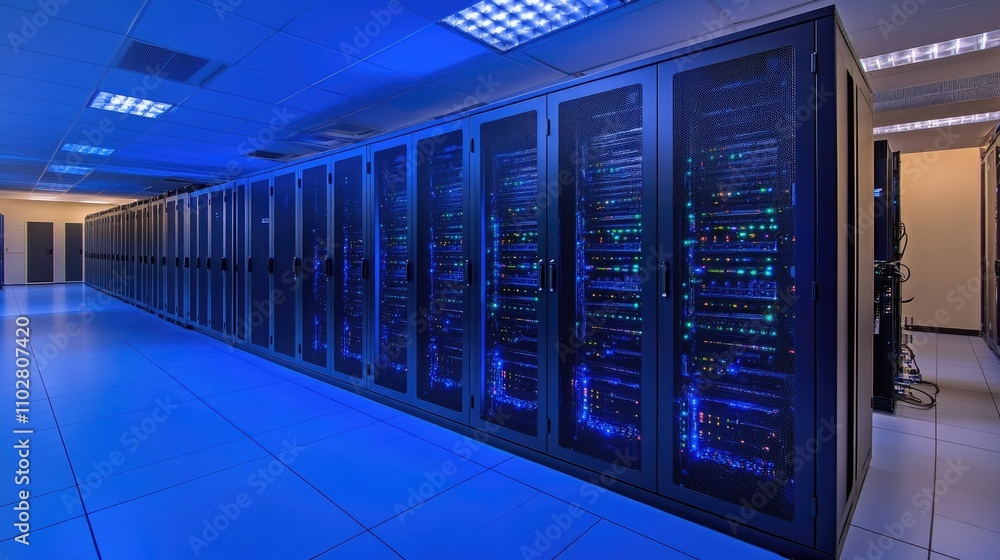 Poster modern data center featuring rows of servers with led lights in a blue hue illuminating the high-tec