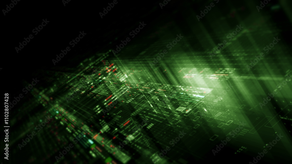 Fototapete Futuristic network simulation blending AI, quantum physics, and deep learning, with a particle matrix analyzing data in a sleek, HUD-style interface