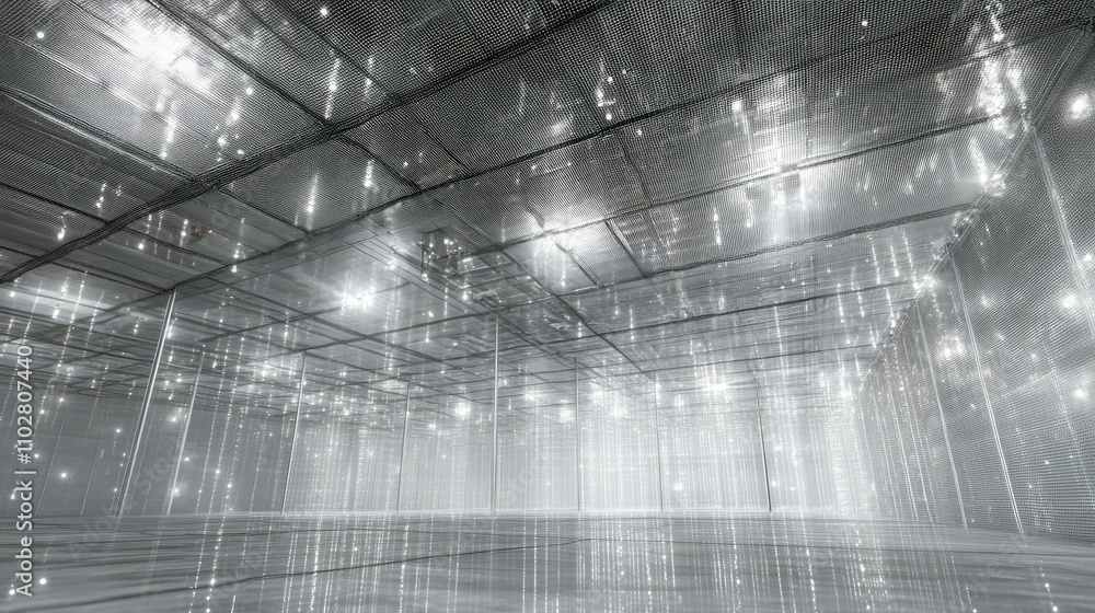 Poster Futuristic Abstract Space with Shimmering Lights and Reflective Surfaces Creating an Illusion of Infinite Depth and Modern Aesthetic in a Minimalistic Environment