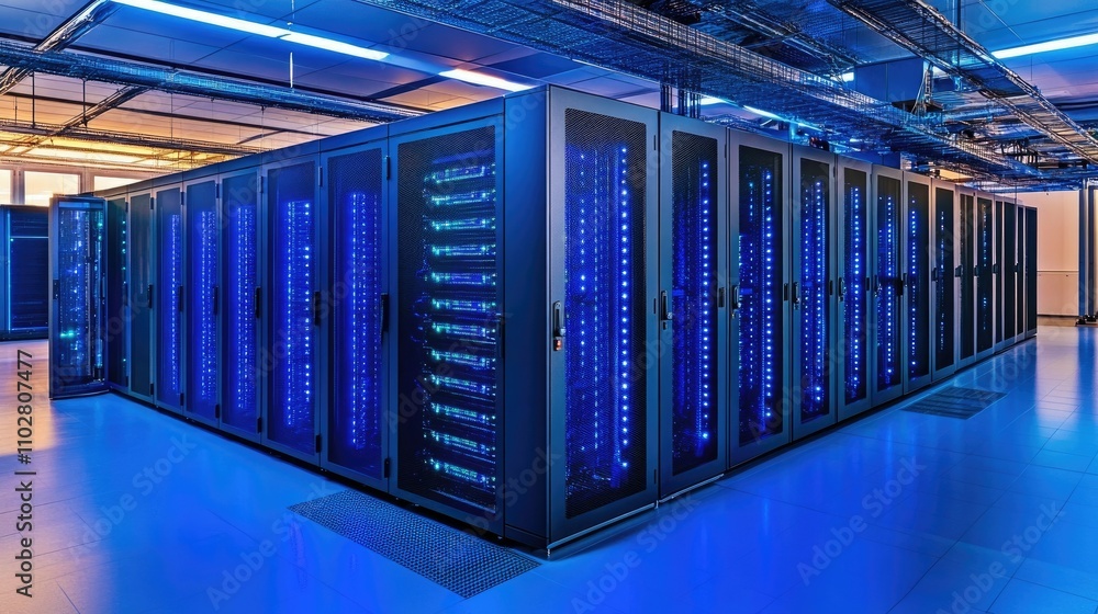 Aufkleber modern data center interior with rows of server racks illuminated by blue led lights in a high-tech 