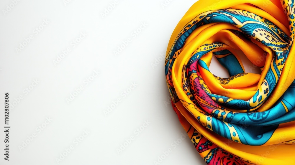 Poster Colorful and Stylish Silk Scarf with Intricate Pattern Twisted in a Circular Shape Against a Clean White Background for Fashion and Design Concepts