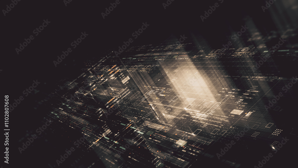 Aufkleber Futuristic network simulation blending AI, quantum physics, and deep learning, with a particle matrix analyzing data in a sleek, HUD-style interface