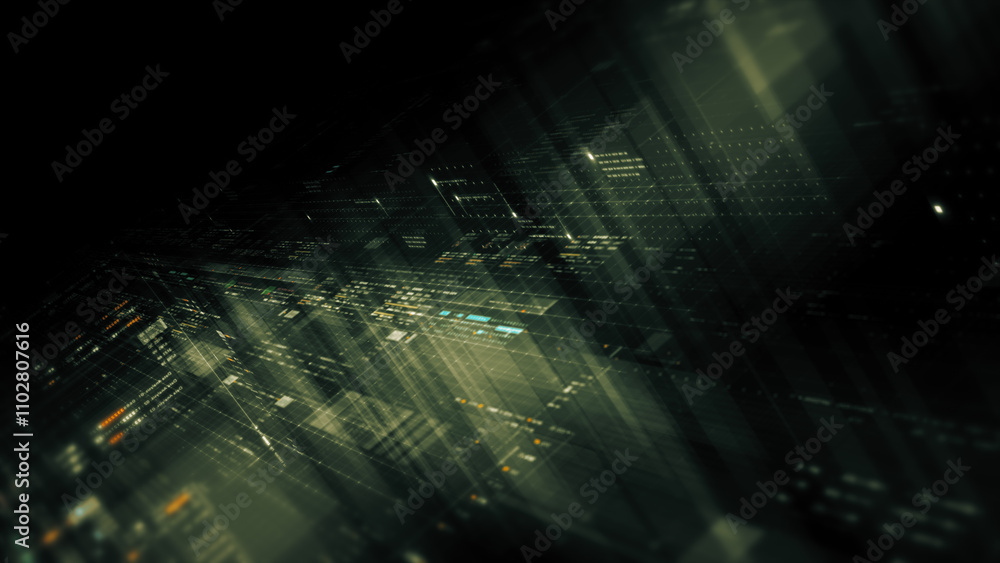Aufkleber Futuristic network simulation blending AI, quantum physics, and deep learning, with a particle matrix analyzing data in a sleek, HUD-style interface