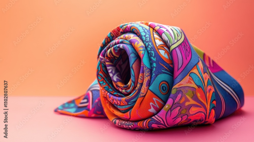 Poster vibrant and colorful rolled fabric with intricate floral patterns displayed against a soft coral bac