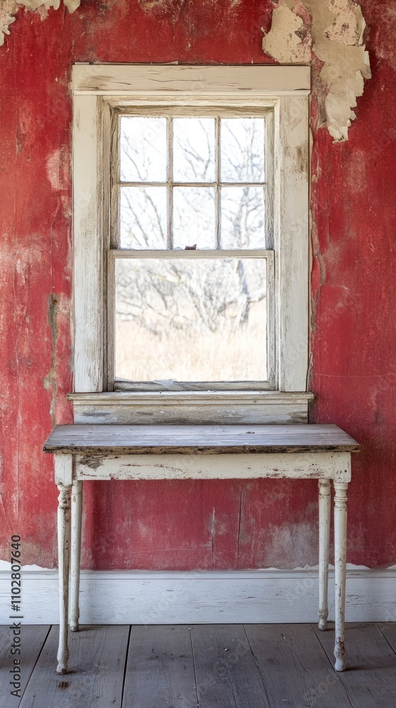 Poster a rustic table under a window in a weathered red room.