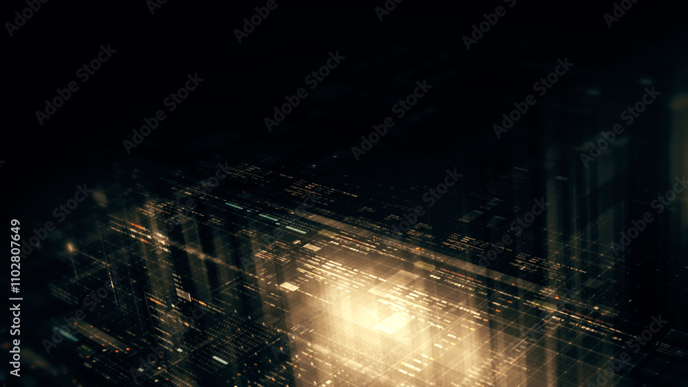 Leinwandbilder Futuristic network simulation blending AI, quantum physics, and deep learning, with a particle matrix analyzing data in a sleek, HUD-style interface