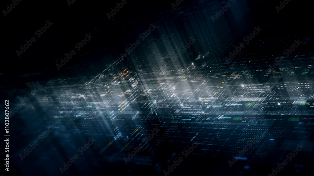 Aufkleber Futuristic network simulation blending AI, quantum physics, and deep learning, with a particle matrix analyzing data in a sleek, HUD-style interface