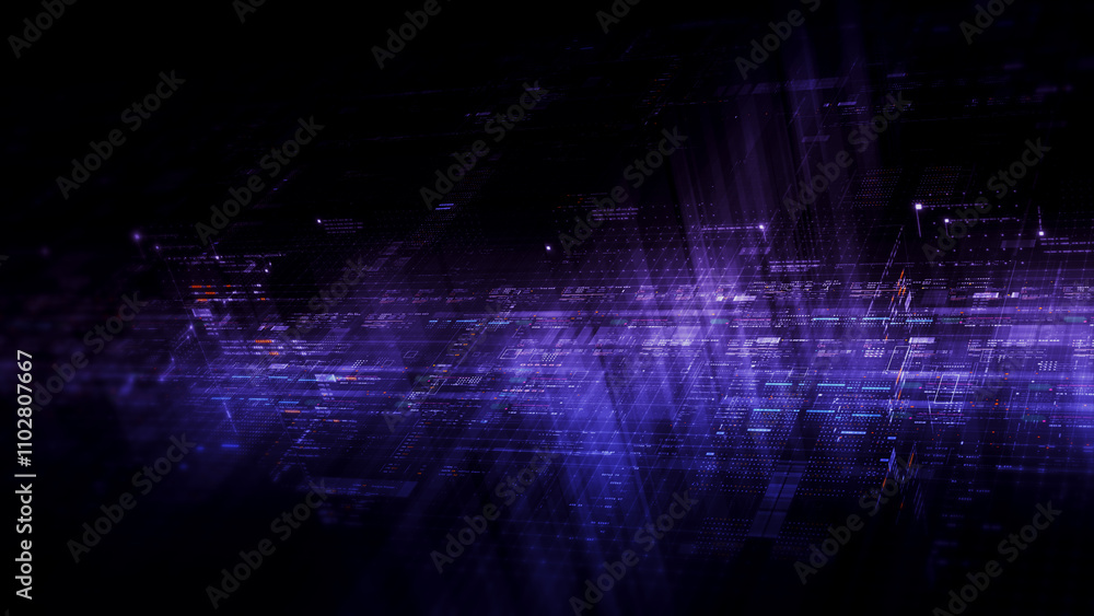 Leinwandbilder Futuristic network simulation blending AI, quantum physics, and deep learning, with a particle matrix analyzing data in a sleek, HUD-style interface