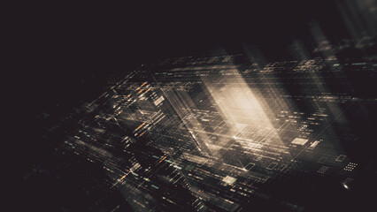 Futuristic network simulation blending AI, quantum physics, and deep learning, with a particle matrix analyzing data in a sleek, HUD-style interface