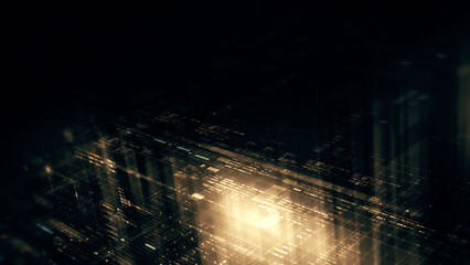 Futuristic network simulation blending AI, quantum physics, and deep learning, with a particle matrix analyzing data in a sleek, HUD-style interface