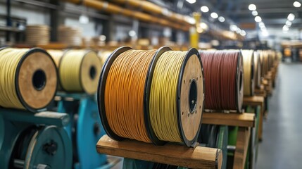 Obraz premium Close-Up View of Colorful Synthetic Cables Rolled on Spools in a Large Industrial Manufacturing Facility