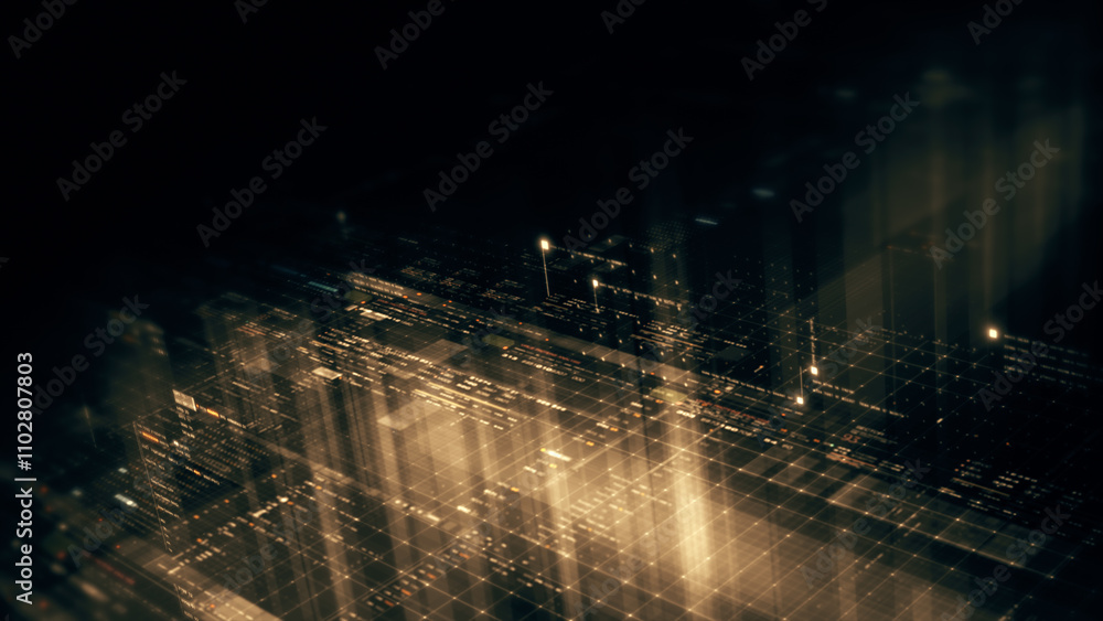 Aufkleber Futuristic network simulation blending AI, quantum physics, and deep learning, with a particle matrix analyzing data in a sleek, HUD-style interface