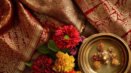 A zoomed-in top-down view of a beautiful traditional Indian saree in a rich brownish-red color, showcasing intricate patterns and textures. Neatly placed on the saree is a well-decorated pooja