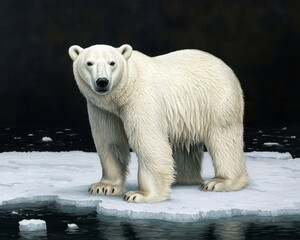 A majestic polar bear stands on a floating ice sheet, showcasing its thick white fur against a dark ocean backdrop.