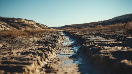 Dry Riverbed with Fissures Under Clear Blue Sky