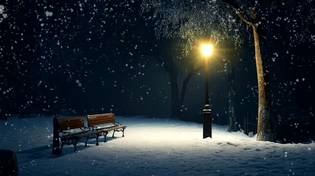 a snowy night scene with a street lamp and benches. seamless looping time-lapse virtual 4k video animation background