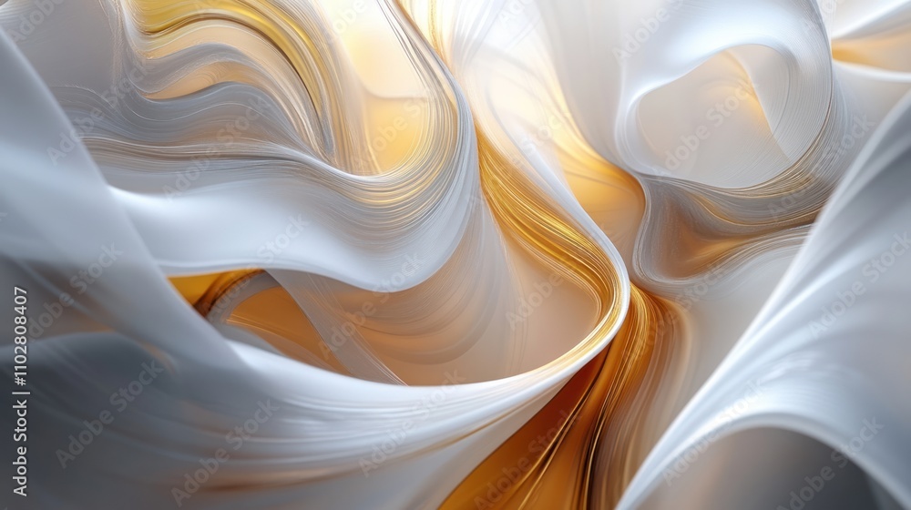 Poster abstract flowing fabric in soft white and gold tones, creating a serene visual effect.