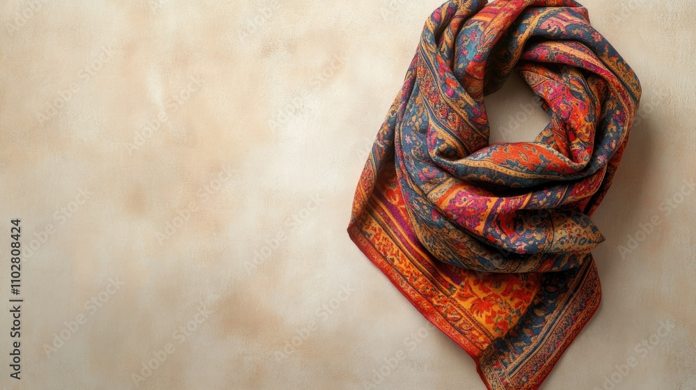 Aufkleber elegant and colorful scarf draped on neutral background showcasing intricate patterns and textures i