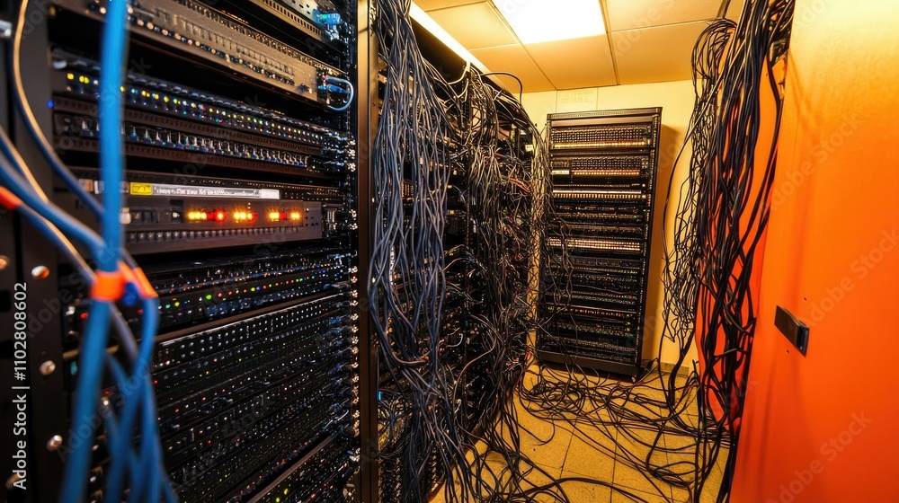 Poster a detailed view inside a server room with network equipment and cables in an organized chaos, showca