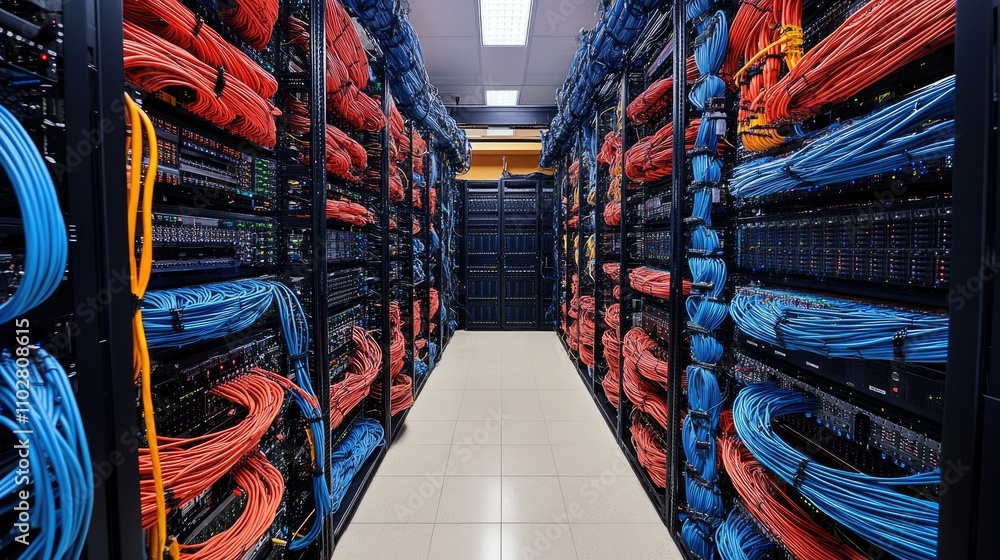 Poster a detailed view of a modern data center with organized rows of color-coded network cables in a high-