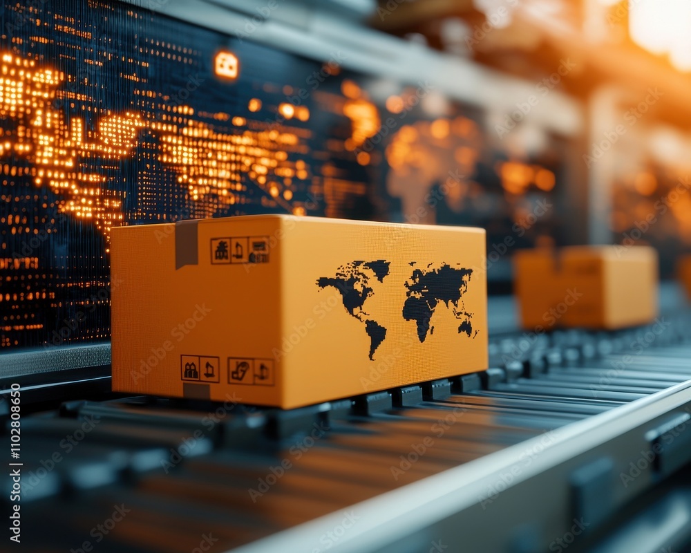 Poster a vibrant image of a conveyor belt with shipping boxes featuring a world map, set against a backdrop