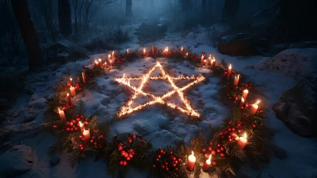 Pagan star shaped pentagram symbol with red candles in winter forest. Winter solstice holiday. Yule, Imbolc, Samhain. Wiccan pagan religion. Magic or esoteric dark ritual, satanism cult