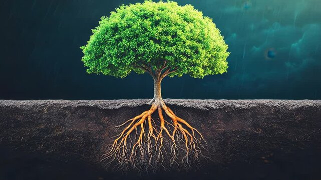 A vibrant tree with lush green leaves and intricate roots