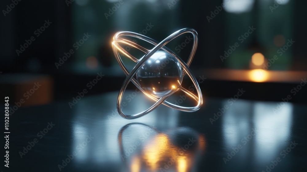 Aufkleber a metallic atom model with glowing orbits, symbolizing science and technology.