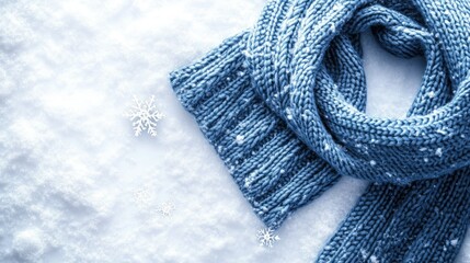 Cozy Blue Knitted Scarf on Fresh White Snow with Delicate Snowflakes Capturing the Essence of a Winter Wonderland