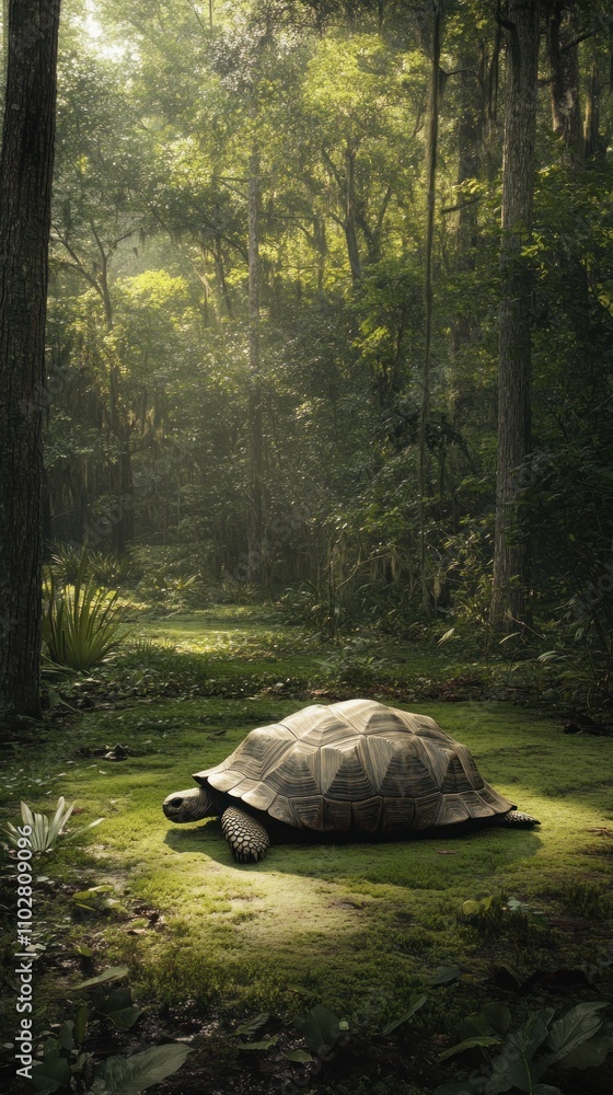 Poster a tortoise resting on moss in a serene forest setting, illuminated by soft sunlight.
