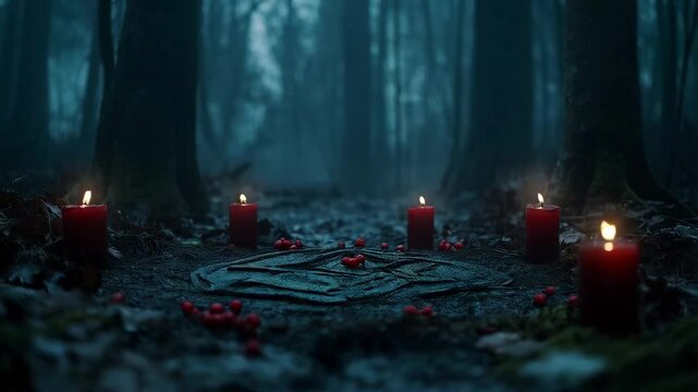 Pagan star shaped pentagram symbol with red candles in winter forest. Winter solstice holiday. Yule, Imbolc, Samhain. Wiccan pagan religion. Magic or esoteric dark ritual, satanism cult