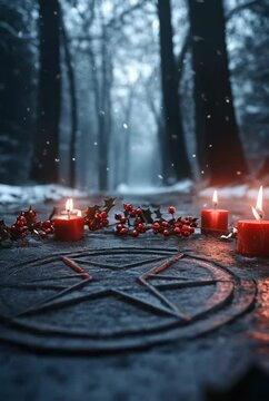 Pagan star shaped symbol with red candles in winter forest. Winter solstice holiday. Yule, Imbolc, Samhain. Wiccan pagan religion. Magic or esoteric dark ritual, satanism cult. Vertical video