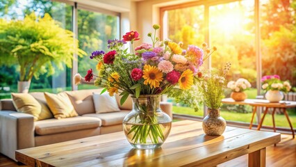 Bright Summer Flower Bouquet in Glass Vase - Aerial Photography of Home Interior Decor