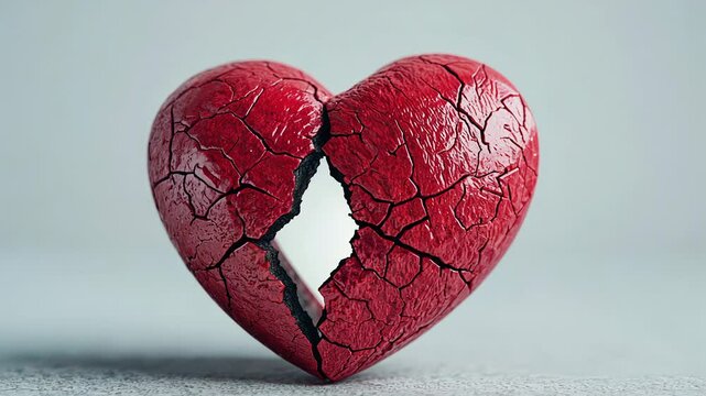 A cracked red heart symbolizing broken love and emotional pain, feelings of loss and healing concept