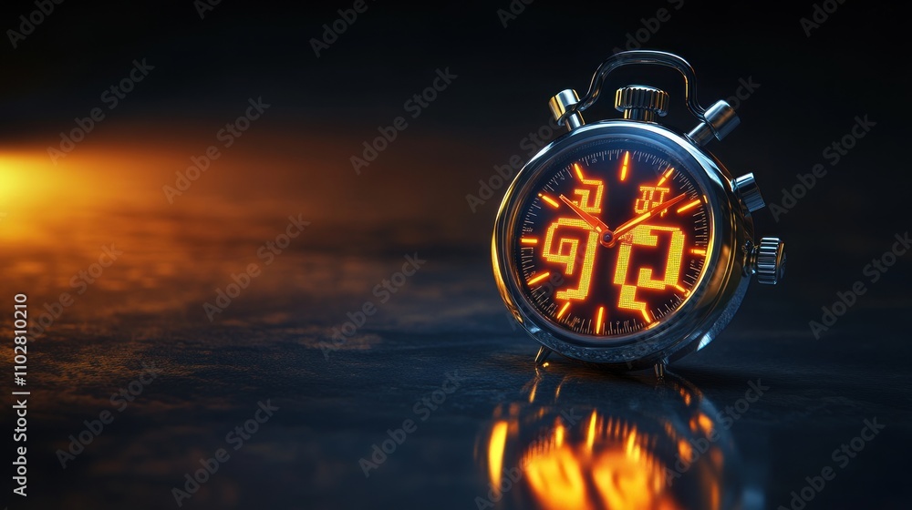 Poster a futuristic stopwatch with a glowing digital display on a reflective surface.